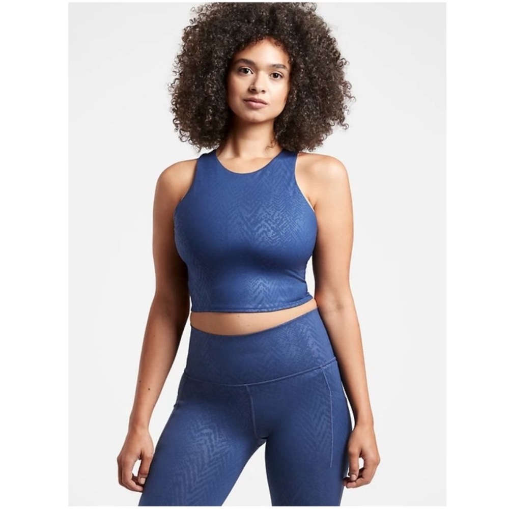 Athleta High-Neck Seamless Sports Bra Crop in Navy Workout Running Yoga Pilates